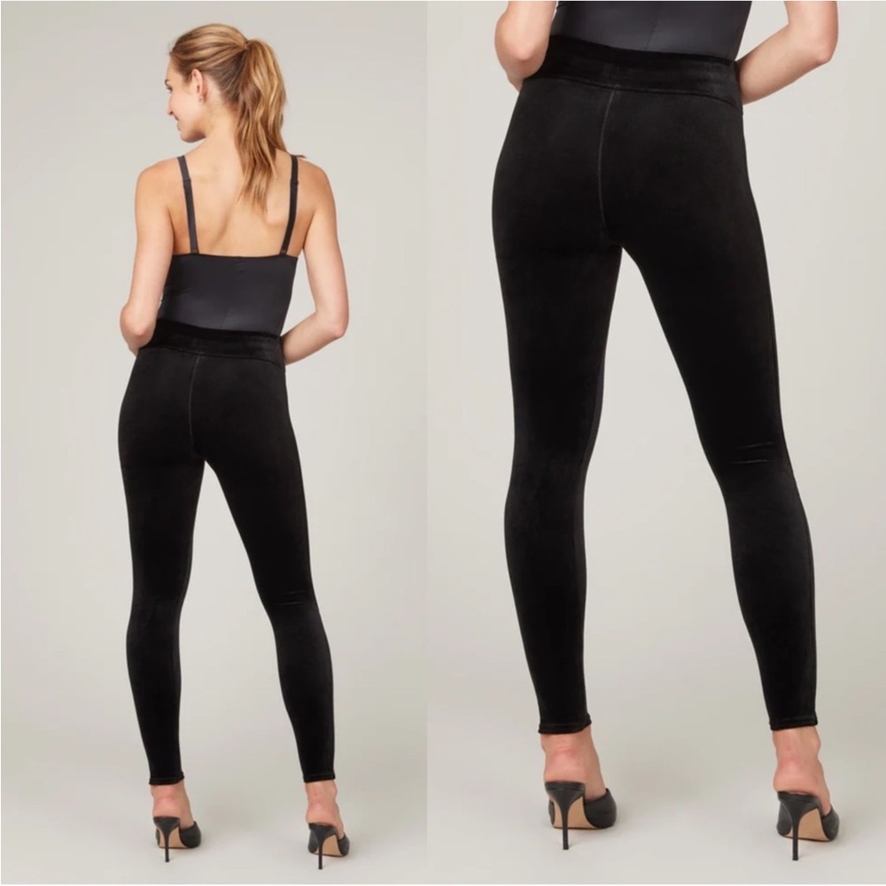 Spanx EUC Shiny Velvet High Waisted Leggings Black L Bodycon Holiday Shapewear - Picture 2 of 16